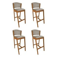 Kit 4 Banquetas Alta de Madeira Maciça Cerejeira Premium Ana com Encosto Linho Bege