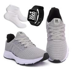 KIT TENIS FEMININO ACADEMIA + RELÓGIO DIGITAL LED + MEIA (Cinza/Branco, BR, Adulto, Numérico, 35)