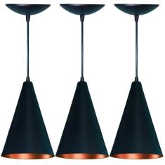 Kit 03 Pendentes Cone em Alumínio Preto Fosco e Cobre