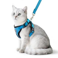 PUPTECK Conjunto de arnês e coleira para gatos, à prova de fuga, refletivo, ajustável, colete de malha respirável macio para animais de estimação pequenos, azul, M