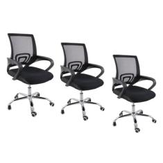 Kit 3 Cadeiras De Escritorio Oficial Begonia Tela Mesh Ergonomico, Preto
