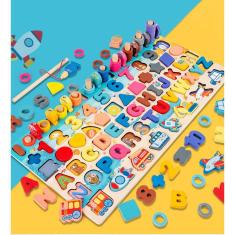 Quebra Cabeça Montessori de Madeira 45cm Pesca Peixes Pinos Argolas Números Alfabeto Formas Geométricas Frutas Veículos