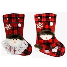 Kit Decoração Natal Bota Meia Xadrez Papai Noel Boneco de Neve Natalino