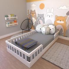 Cama Infantil Montessoriana Solteiro Cori Yescasa Branco/Cinza Cristal