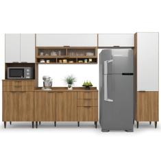 Armário De Cozinha Completa Com Balcão Nicho Para Micro Ondas 11 Portas 5 Gavetas Paris Nogal/branco