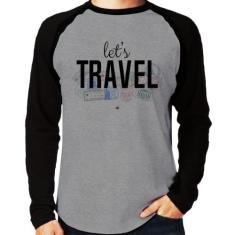 Camiseta Raglan Let's Travel Manga Longa - Foca na Moda, Cinza, Preto,