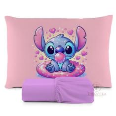 Lençol solteiro 2 pçs fronha estampada - Amora enxovais, stitch chicle