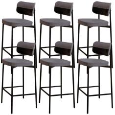 Kit 06 Banquetas Alta Bar Cozinha Sala De Jantar Aço Preto Kaira C01 Linho Cinza Courino Preto - Lyam Decor