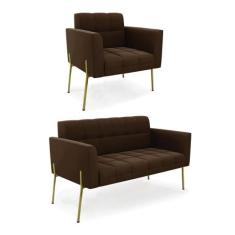 Sofá Namoradeira E Poltrona Pé De Ferro Dourado Elisa Suede Marrom D03