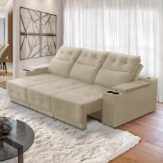 Sofá Retrátil Reclinável 3 lugares 2,10m com Porta Copos e USB Hannah Suede Bege Adonai Estofados