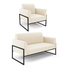 Sofá Namoradeira com Poltrona Base Industrial Alta Preto Marisa Veludo