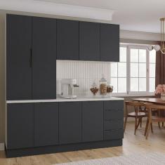 Cozinha Modulada 4 Peças com Tampo com Rodapé 2 Aéreos e 2 Balcões Ipanema Cabecasa Madeiramadeira Grafite Trama