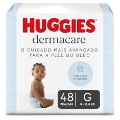 Fralda Huggies Premium Dermacare Tamanho G - 48 Fraldas Premium com formato anatômico, materiais ultra macios e respiráveis. Super absorção de até 12 horas e ajuda previnir assaduras
