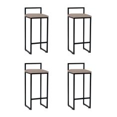 Kit 4 Banquetas Altas Industriais em Aço Dori Preto Assento Suede Bege