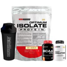 Kit Whey Protein Optimum Isolate 2kg + Bcaa 100g+Creatina 100g+Coqueteleira -Bodybuilders-Unissex
