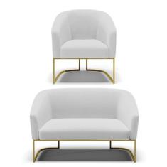 Sofá Namoradeira e Poltrona Industrial Dourado Stella Linho Cinza D03 