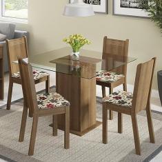 Conjunto Sala de Jantar Madesa Magda Mesa Tampo de Vidro com 4 Cadeiras - Rustic/Hibiscos