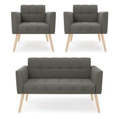 Kit 1 Sofá Namoradeira e 2 Poltronas Elisa Suede Grafite Pés Palito Natural - D`Rossi