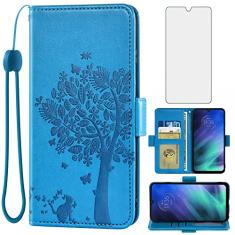 Asuwish Capa carteira compatível com Moto One Fusion e protetor de tela de vidro temperado, acessórios para bolsa flip alça de pulso suporte para cartão de crédito capa de celular para Motorola 1