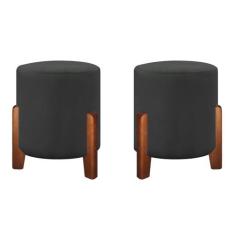 Kit 2 Puffs Banqueta Luna Pés de Madeira Maciça  Veludo - Gentil Estof
