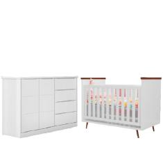 Quarto de Bebê Berço Americano Baby Wood e Cômoda Infantil Diamante 100% MDF Cor Branco com Amadeirado - Phoenix Baby