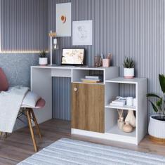 Escrivaninha Bancada Multiuso Uma Porta e Três Nichos 135cm Branco/mel