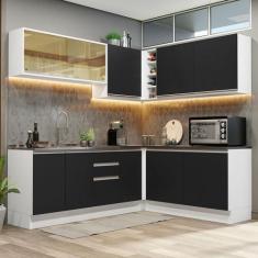 Armário de Cozinha Completa de Canto 100% MDF 389cm Branco/Preto Acord