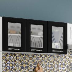 Armário Aéreo 3 Portas com Vidro Médio Star New Telasul Branco/Preto