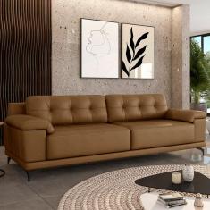 Sofá Living 3 Lugares 212cm Agostino Pés Design Em Ferro Couro Caramelo G52 - Gran Belo