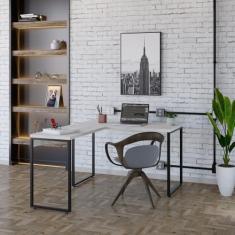 Mesa de Escritório em L Estilo Industrial 120x150cm Kuadra Snow/Est.Preta