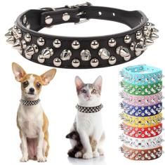 Coleira pontiaguda para cães grandes, coleiras para filhotes de cachorro de couro PU, cogumelos, rebites, garotos, cravejadas, coleiras ajustáveis para cães XXS XS médio e grande, preta, G