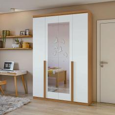 Guarda Roupa Solteiro Ambiente Alonzo 4 Portas Amêndoa Clean Branco Com Espelho - Lopas