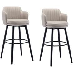 Conjunto De 2 Banquetas Para Bar Cadeira Giratória Bar Com Encosto Cozinha Ilha Bancadas Bancada Altura Com Braços, Couro Preto Pernas De Metal Preto Apoio Para Os Pés Para Pub Home Bar Sala De Ja