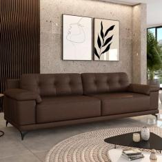 Sofá Living 4 lugares 272cm Agostino Pés Design em Ferro Couro Marrom Manchado G52 - Gran Belo