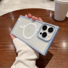 Capa transparente luxuosa de carga sem fio para iPhone 14 13 12 11 Pro Max Plus Capa magnética quadrada transparente, azul celeste, para iPhone 14Pro