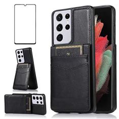 Capa de telefone para Samsung Galaxy S21 Ultra Glaxay S21ultra 5G com protetor de tela de vidro temperado e suporte para cartão de crédito capa carteira suporte celular de couro Gaxaly 21S S 21