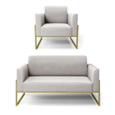 Sofá Namoradeira Com Poltrona Base Industrial Alta Dourado Marisa Veludo Cinza D03 - D\`rossi