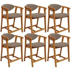 Kit 06 Banquetas Baixa Cecília L02 Bouclê Assento Estofado Base Madeira Encosto Fixo 60 cm Bege