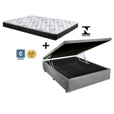 Cama Box Baú Casal Conforto Sintético Cinza + Colchão Casal Conforto Espuma D23 Com EPS 17x138x188