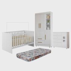 Quarto de Bebê Berço com Colchão, Cômoda 1 Porta 4 Gavetas e Roupeiro Flocos 3 Portas 2 Gavetas