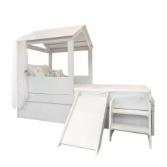 Cama Solteiro Casinha Play com 2 Gavetas + Telhado + Escada + Escorregador Branca