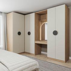 Guarda-roupa Modulado Joy 4 Peças Canto, Nicho com 2 Gaveta, Penteadeira e Cabideiro com Nichos Cabe Cinza