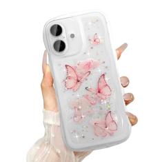UEEBAI Capa Wave para iPhone 16 de 6,1 polegadas, linda capa brilhante com glitter para mulheres, linda capa de telefone brilhante para meninas, capa transparente com borboleta, ondulada, à prova de