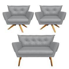 Kit 01 Namoradeira e 02 Poltronas Giratória Anitta Corino Base Madeira D`Rossi