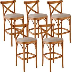 Kit 05 Banquetas Altas Ávila L02 Moderno Madeira Maciça Assento Estofado Linho Bege Lyam Decor