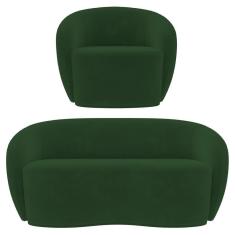 Sofá 3 Lugares Living 180cm E 1 Poltrona Giratória Garbin Z08 Veludo Verde - Mpozenato