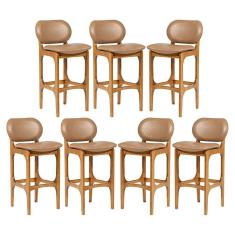 Kit 7 Banquetas Alta Estofada Rafine Madeira Castanho Tecido Impermeável Marrom