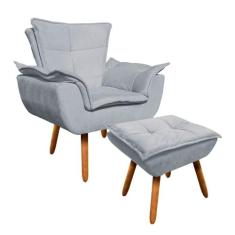 Poltrona Decorativa Pés Palito com Puff Opla Suede Cinza - Ibiza, Cinz
