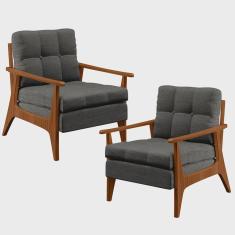 Kit 02 Poltronas Decorativas Sala Estar Encosto Ripado Emília B04 Linho Cinza Escuro - Lyam Decor