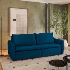 Sofá Cama Retrátil e Reclinável 4 Lugares 225cm em Veludo com Molas Greta Yescasa Azul